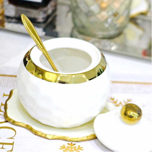 Ceramic Spice Jars With Lid White & Gold